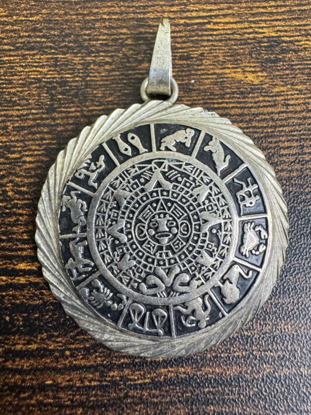 Sterling Silver 925 Aztec Calendar Pendant Oxidized Boho Hippie Modernist